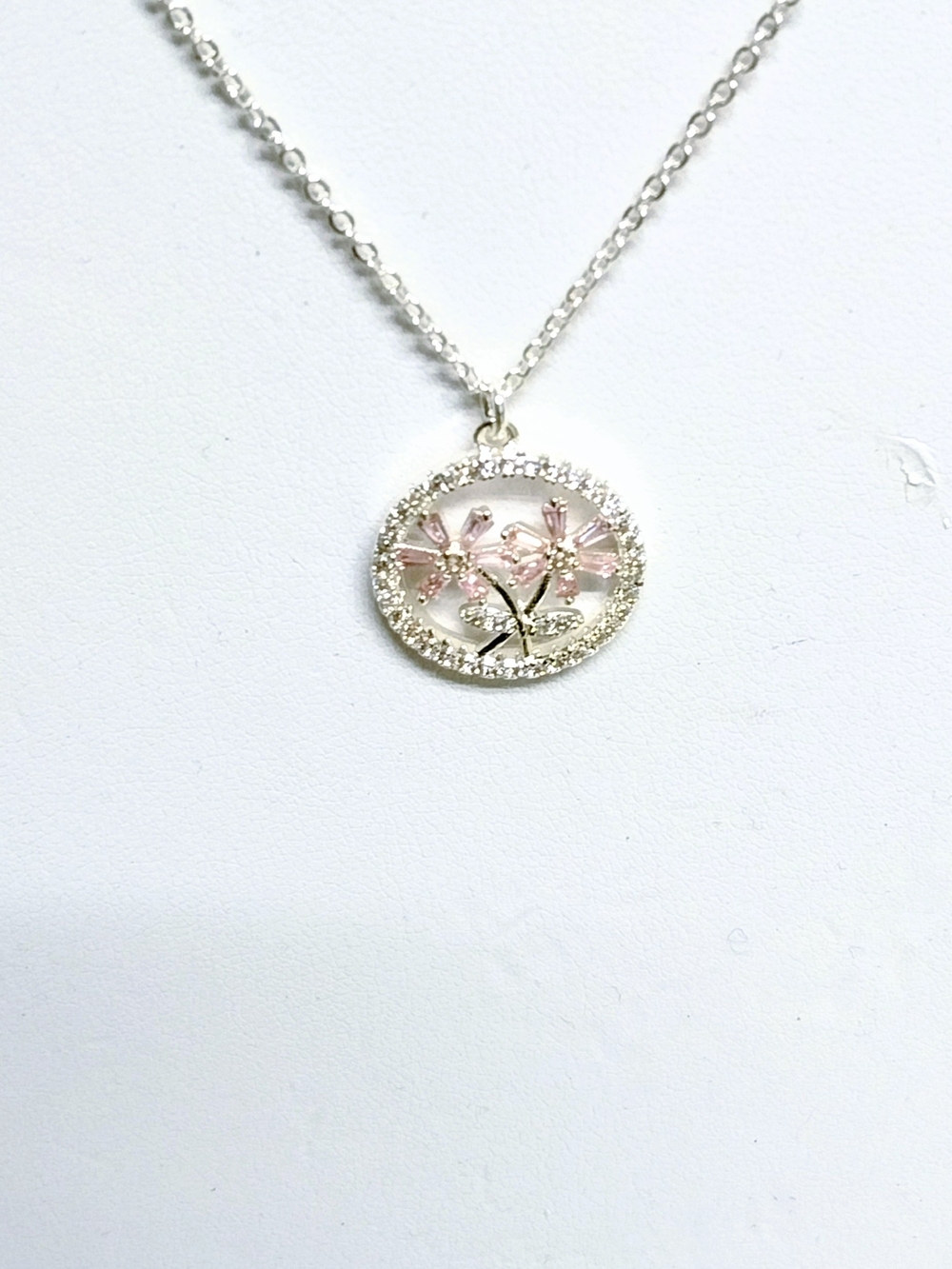 Delicate Pink Flower Pendant Necklace - Silver Tone